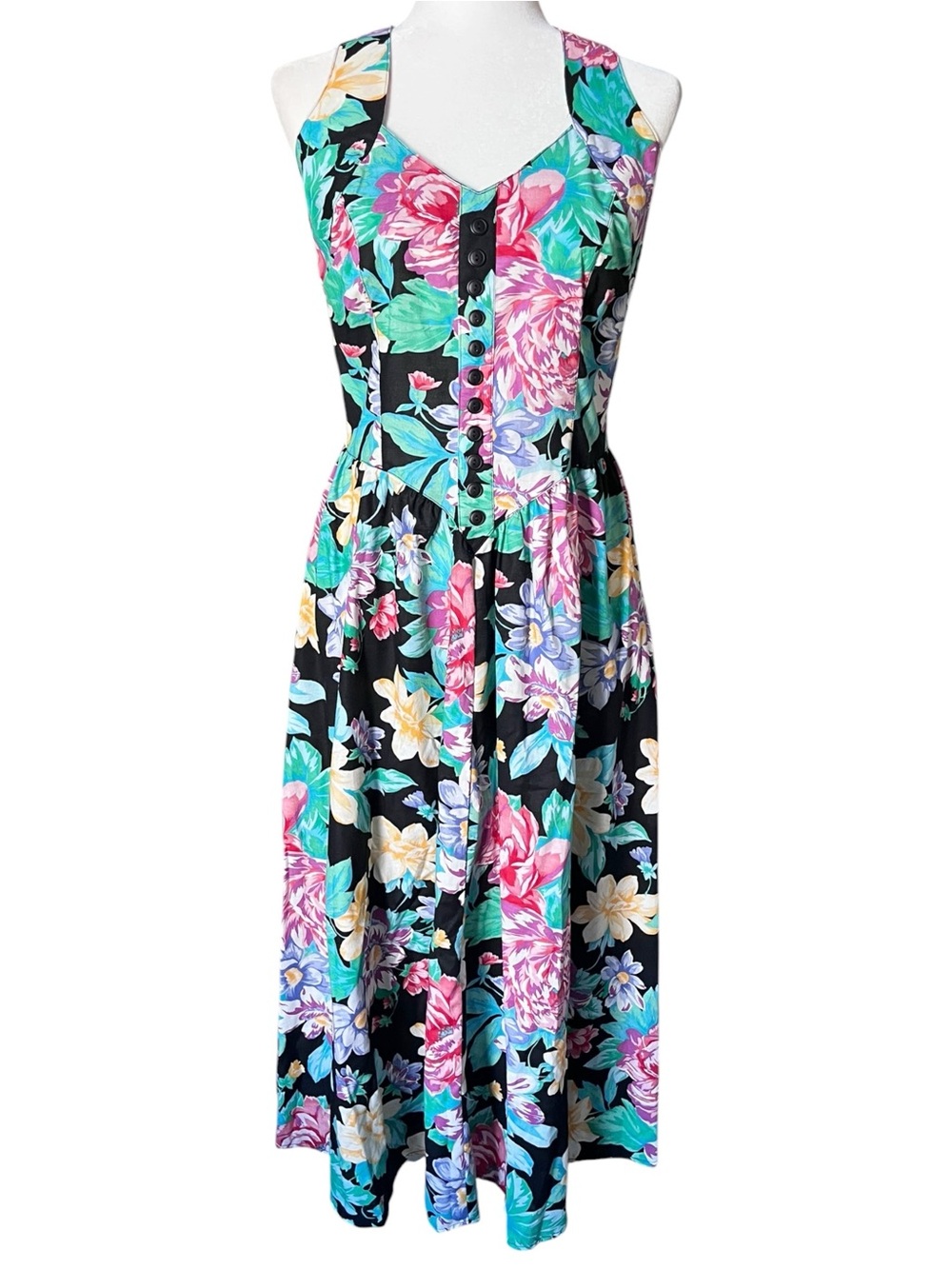 Vintage 90s Robbie Bee Floral Midi Dress Smocked Back Cotton Sleeveless Size 12